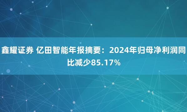 鑫耀证券 亿田智能年报摘要：2024年归母净利润同比减少85.17%